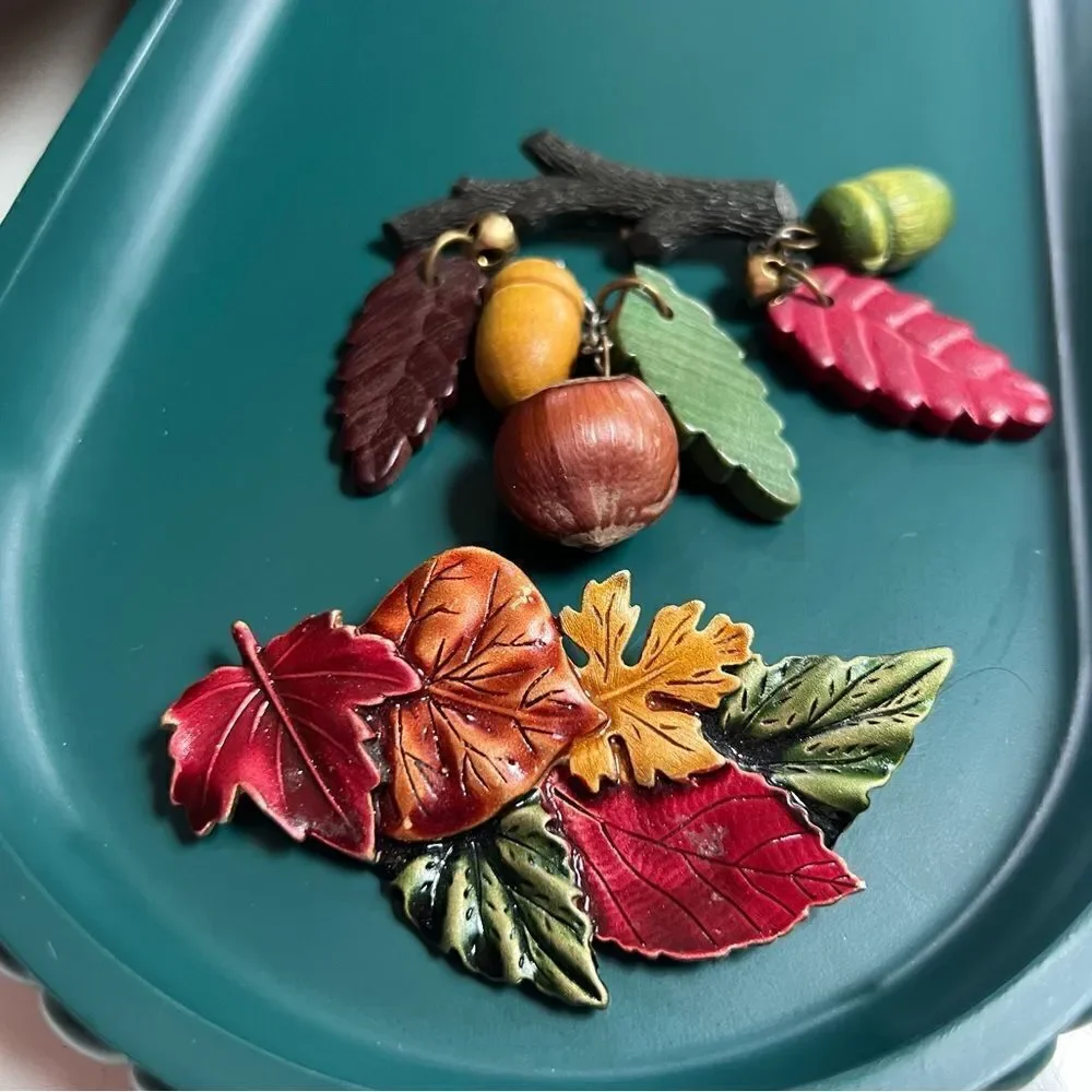 Lot of 2 XL Vintage 1980s 1990s Unique Fall Leaves Nature Statement Brooches